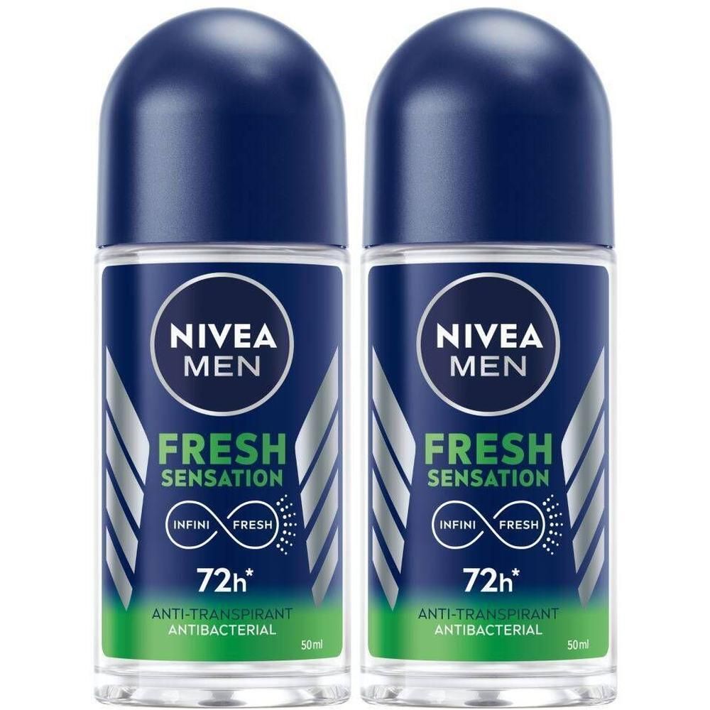Deux déodorants roll-on. Bouchon bleu, flacon transparent. Inscription : Nivea Men, Fresh Sensation, 72h, Anti-transpirant, antibactérien.