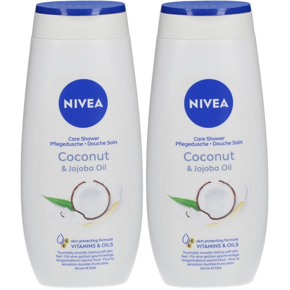 Twee witte flessen NIVEA douchegel met blauwe dop. Opschrift: Coconut & Jojoba Oil. Illustratie van kokosnoot en olie.