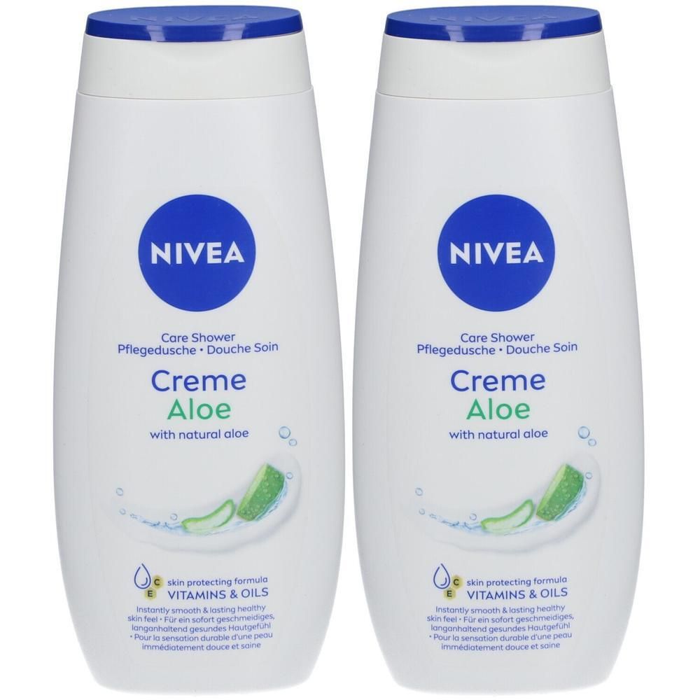 Twee witte flessen NIVEA Crème Aloe douchegel. Blauwe doppen, blauwe logocirkels. Tekst: Crème Aloe, met natuurlijke aloë.