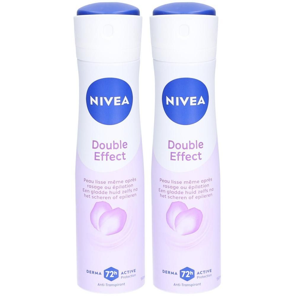 Deux sprays déodorants Nivea Double Effect. Bouteilles blanches et violettes avec bouchon bleu. Inscription : Nivea, Double Effect, Derma 72h Active Protection.