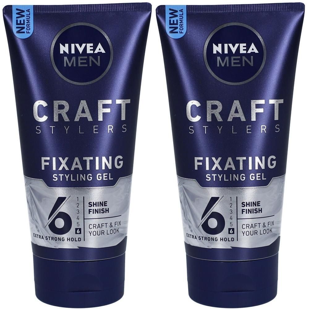 Deux tubes de gel coiffant fixant Nivea Men Craft Stylers. Emballage bleu foncé avec texte blanc. Indique un niveau de maintien 6.