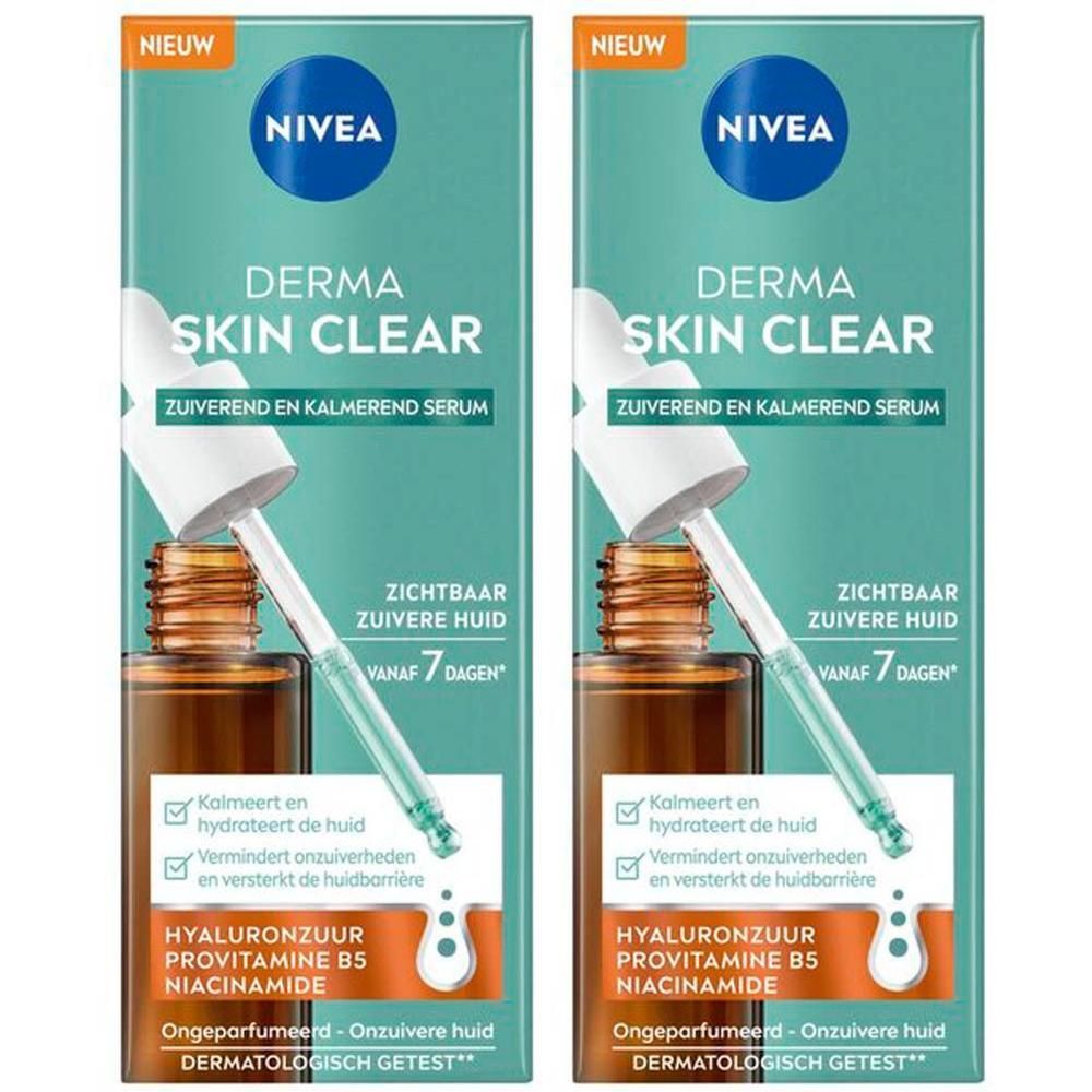 Twee flacons NIVEA Derma Skin Clear Serum. Bruine glazen flacons met pipet. Opschrift: Derma Skin Clear, Sérum Purifiant.