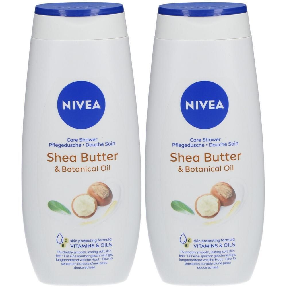 Deux flacons de gel douche NIVEA blancs avec bouchon bleu. Inscription : Shea Butter & Botanical Oil.