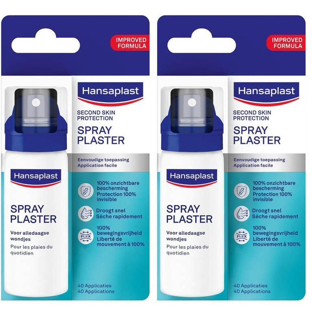 Twee verpakkingen Hansaplast Spray Pleister. Witte flacons met blauwe sproeikop. Productnaam en logo.