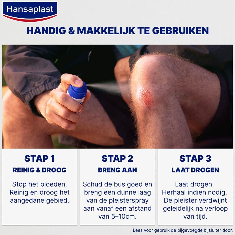 Gebruiksstappen Hansaplast Spray Pleister: Reinigen & drogen, Aanbrengen, Laten drogen.