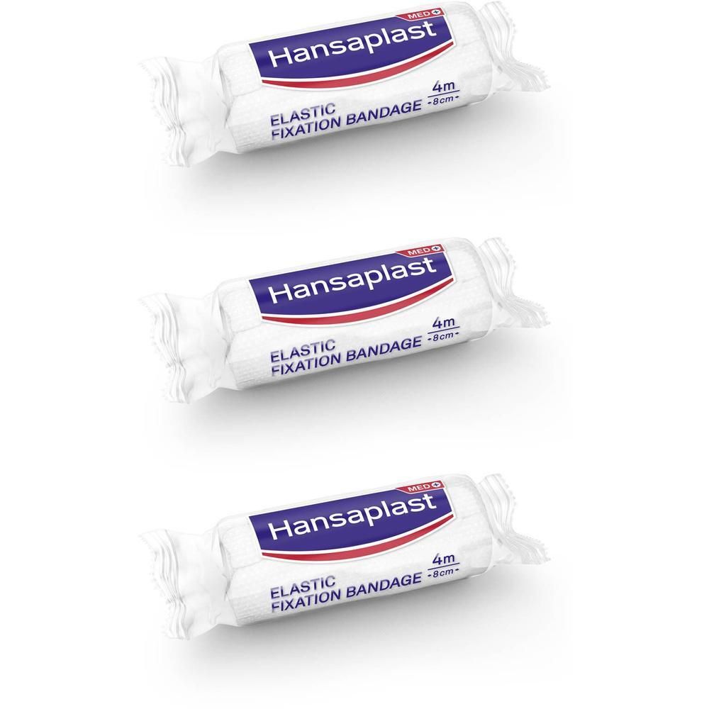Drie rollen elastisch fixatieverband. Elke rol toont "Hansaplast", "Elastisch fixatieverband" en de afmetingen 4 m x 8 cm.