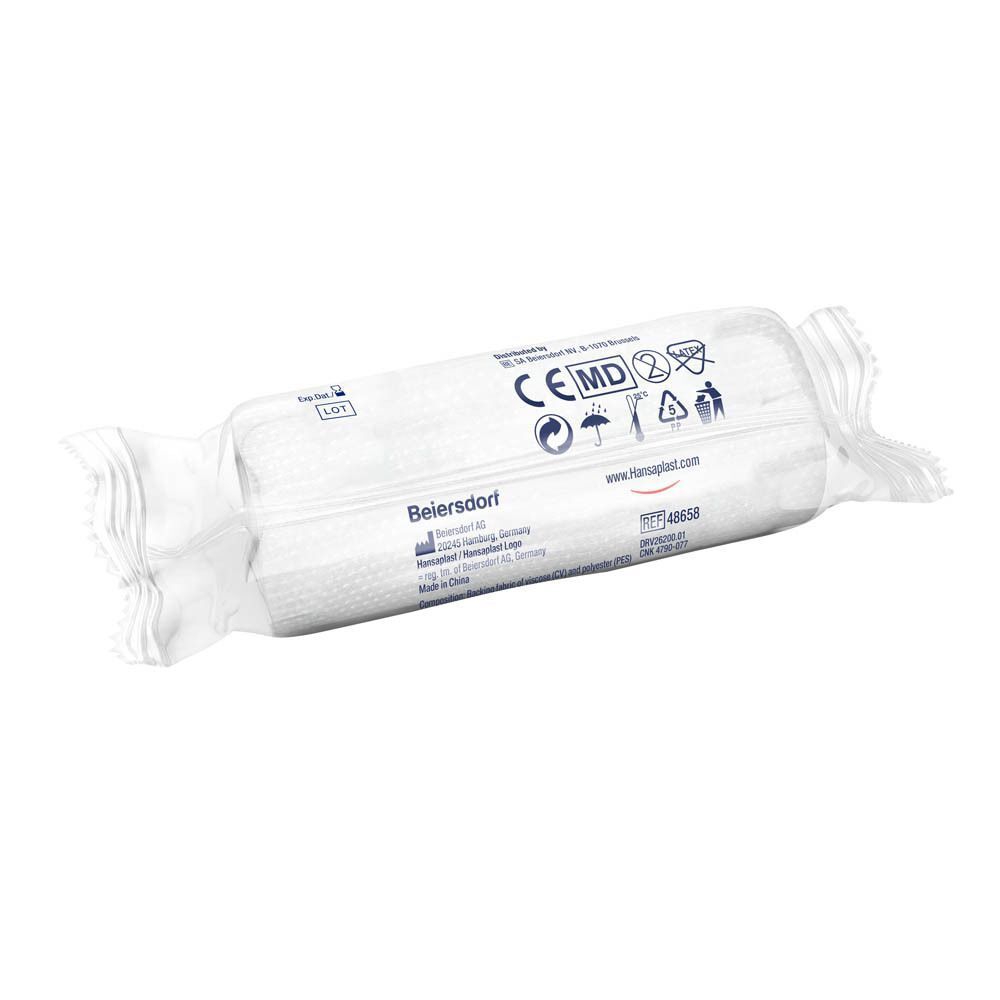 Emballage d'un bandage élastique. L'emballage contient des informations telles que le marquage CE et le fabricant.