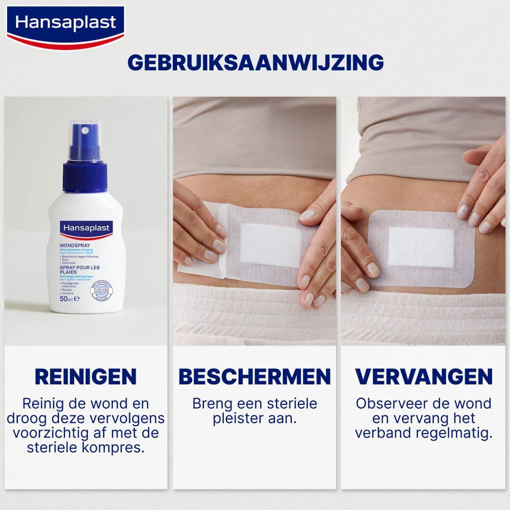 Drie afbeeldingen tonen de toepassing van pleisters. Tekst: "Gebruiksaanwijzing".