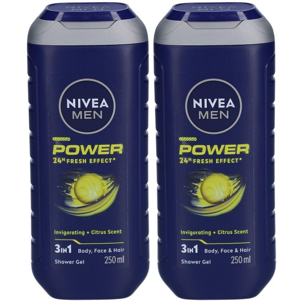 Deux flacons bleus de gel douche. Inscription : NIVEA MEN POWER, 3en1, 24h Fresh Effect. Parfum agrumes. 250 ml.