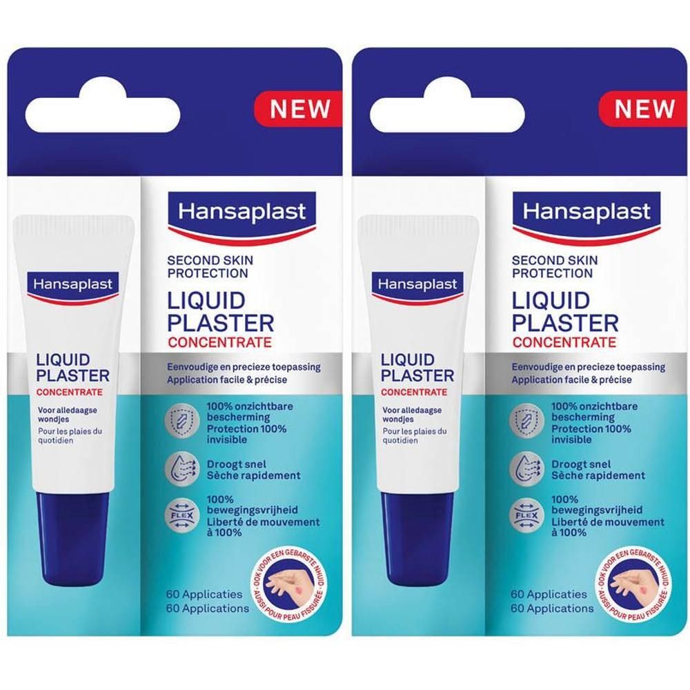 Twee verpakkingen Hansaplast Liquid Plaster Concentrate. Witte tube met blauwe dop. Blauwe en witte verpakking.