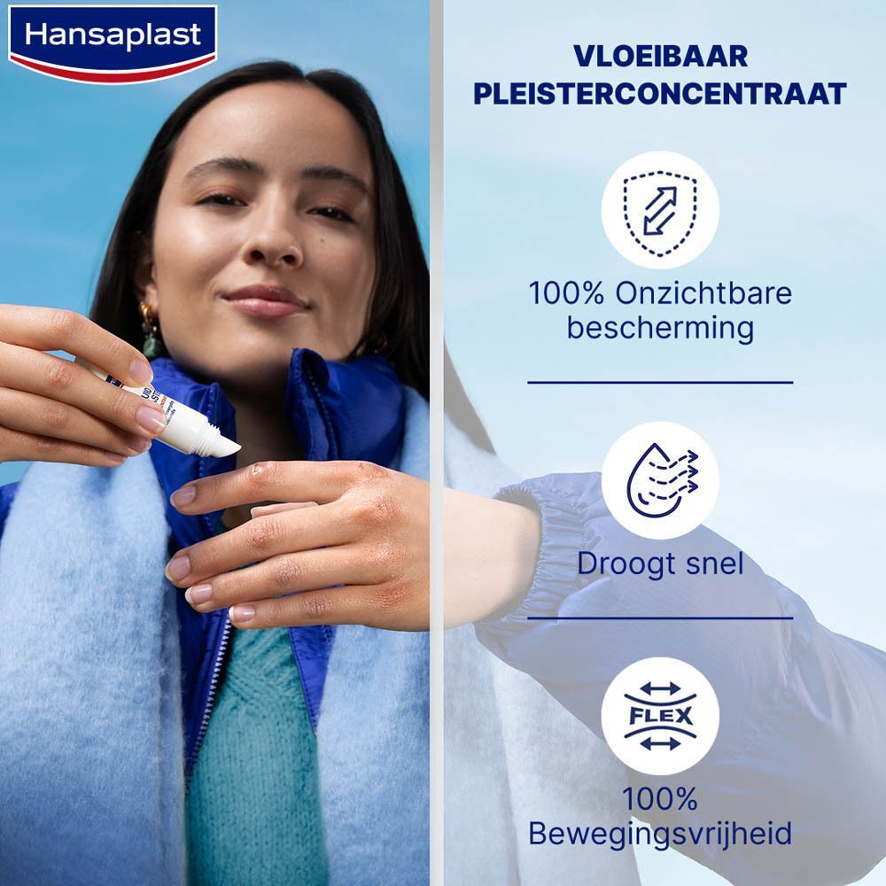 Vrouw houdt een tube Hansaplast Vloeibaar Pleisterconcentraat vast. Tekst: Vloeibaar Pleisterconcentraat. Eigenschappen.