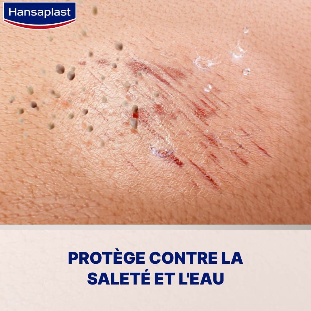 Gros plan sur une peau avec des égratignures. Texte: Protège contre la saleté et l'eau. Logo Hansaplast.