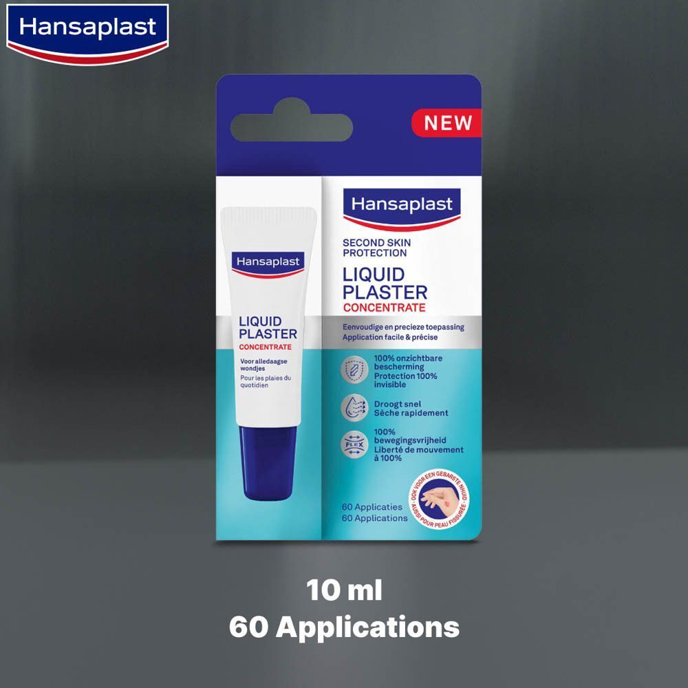Emballage de Hansaplast Liquid Plaster Concentrate. Texte: 10 ml, 60 applications. Logo Hansaplast.