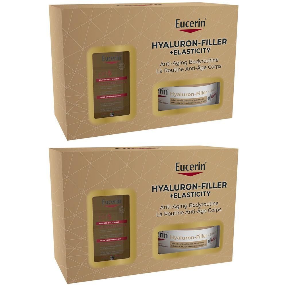 Deux coffrets cadeaux. Emballage en carton avec fenêtres. Eucerin Hyaluron-Filler + Elasticity. Routine corps anti-âge.