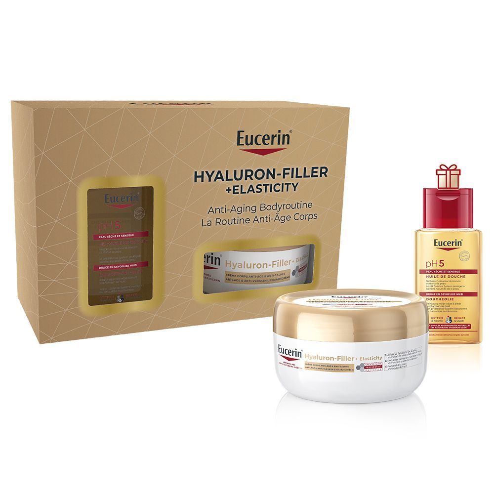 Geschenkset met crème en fles. Kartonnen verpakking met venster. Eucerin Hyaluron-Filler + Elasticity. pH5.
