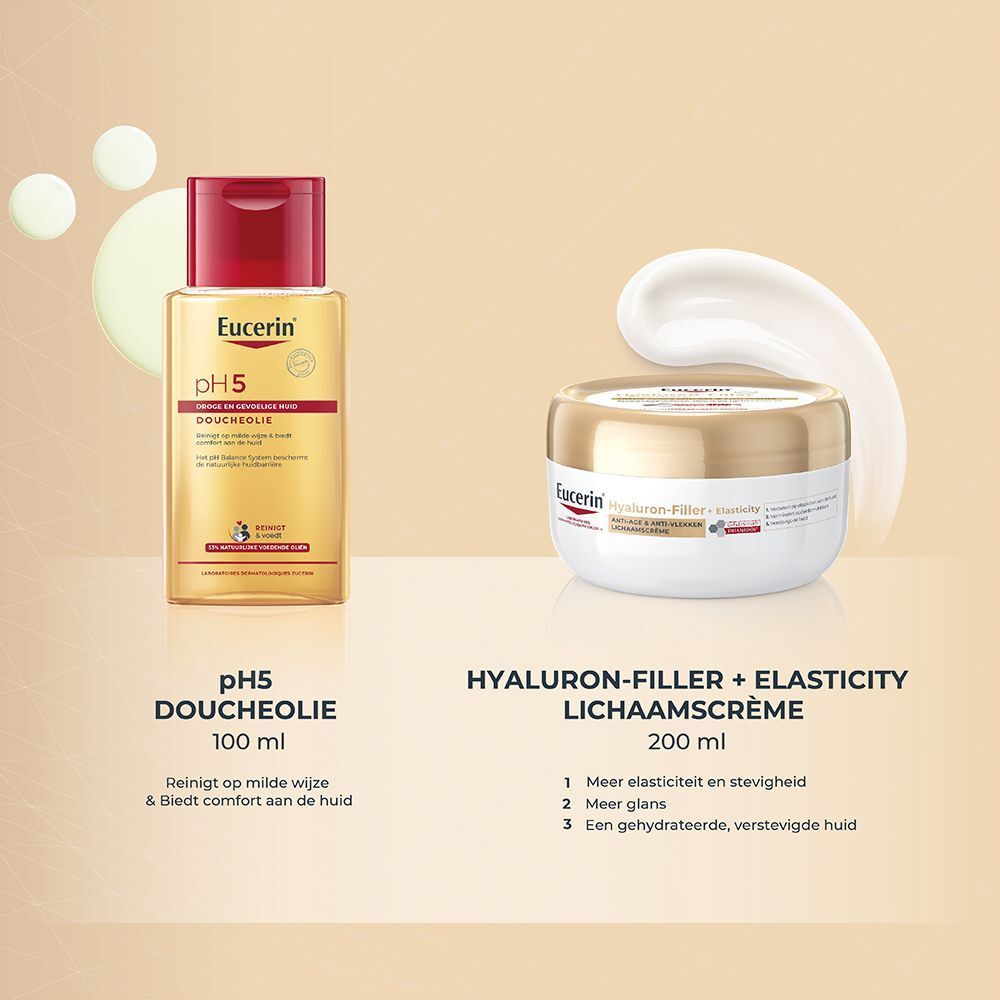 Fles en crème. Eucerin pH5 Doucheolie en Hyaluron-Filler + Elasticity Lichaamscreme. Namen en tekst.