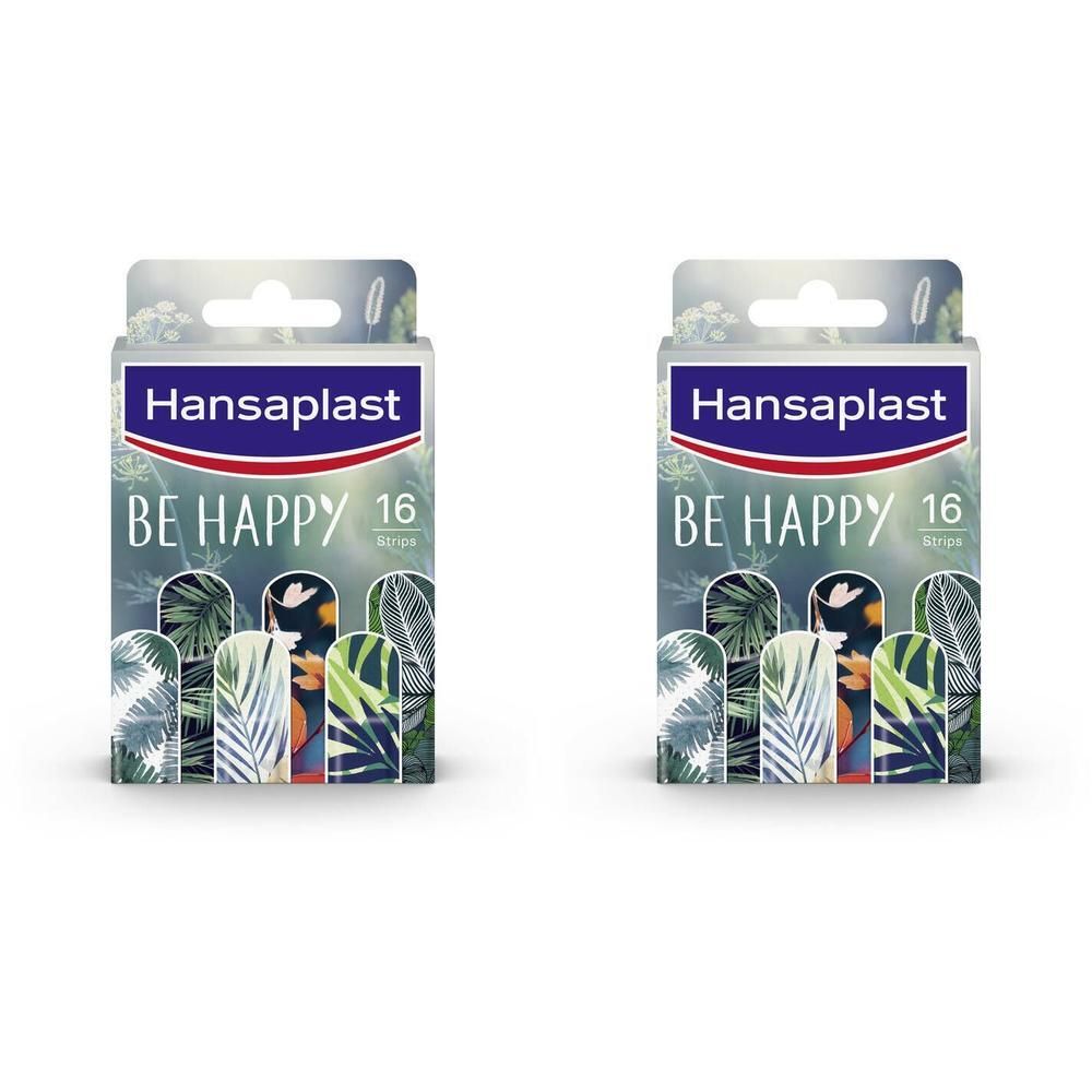 Deux boîtes de pansements Hansaplast Be Happy. Emballage avec 16 pansements, imprimés de feuilles et d'oiseaux colorés.
