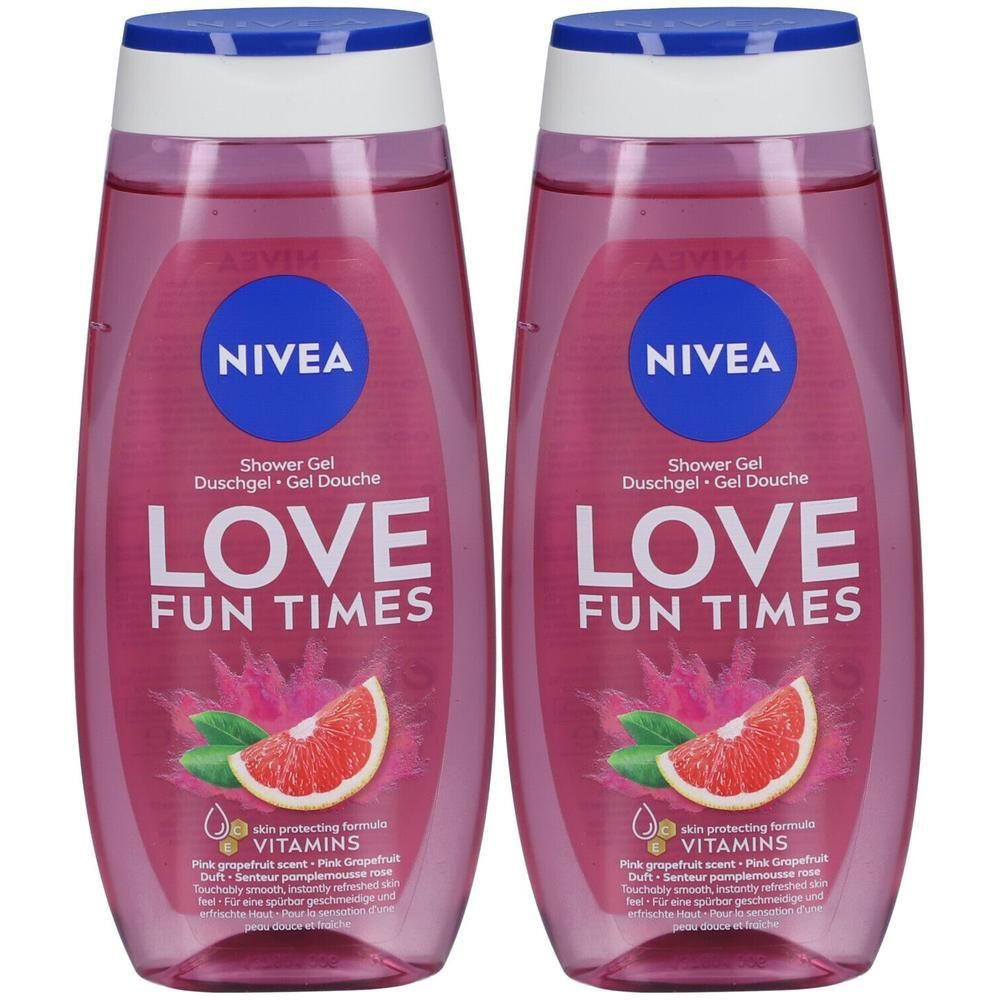 Twee roze douchegelflessen. Opschrift: NIVEA, LOVE FUN TIMES, met afbeelding van grapefruit. Blauwe dop, witte hals.