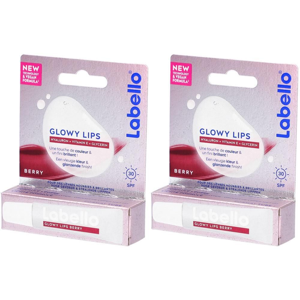 Deux sticks à lèvres Labello Glowy Lips Berry en emballage. L'emballage indique "NEW" et "SPF 30".