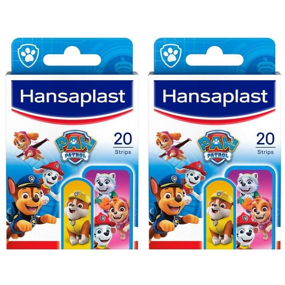 Twee verpakkingen Hansaplast Paw Patrol pleisters. Elke verpakking toont Paw Patrol-figuren en bevat 20 strips.
