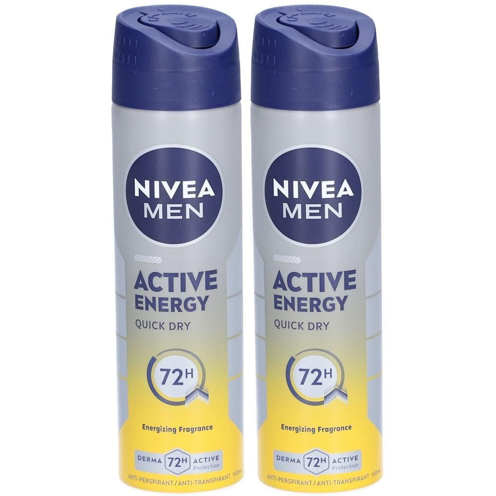 Twee Nivea Men Active Energy deodorantsprays. Grijze bussen met blauwe dop. Opschrift: Nivea Men, Active Energy, Quick Dry, 72H.