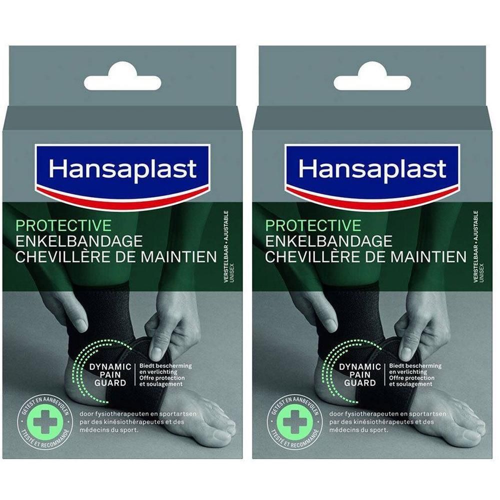 Twee verpakkingen enkelbandages. Opschrift: Hansaplast, Protective Enkelbandage Chevillère de Maintien. Groen-wit logo.