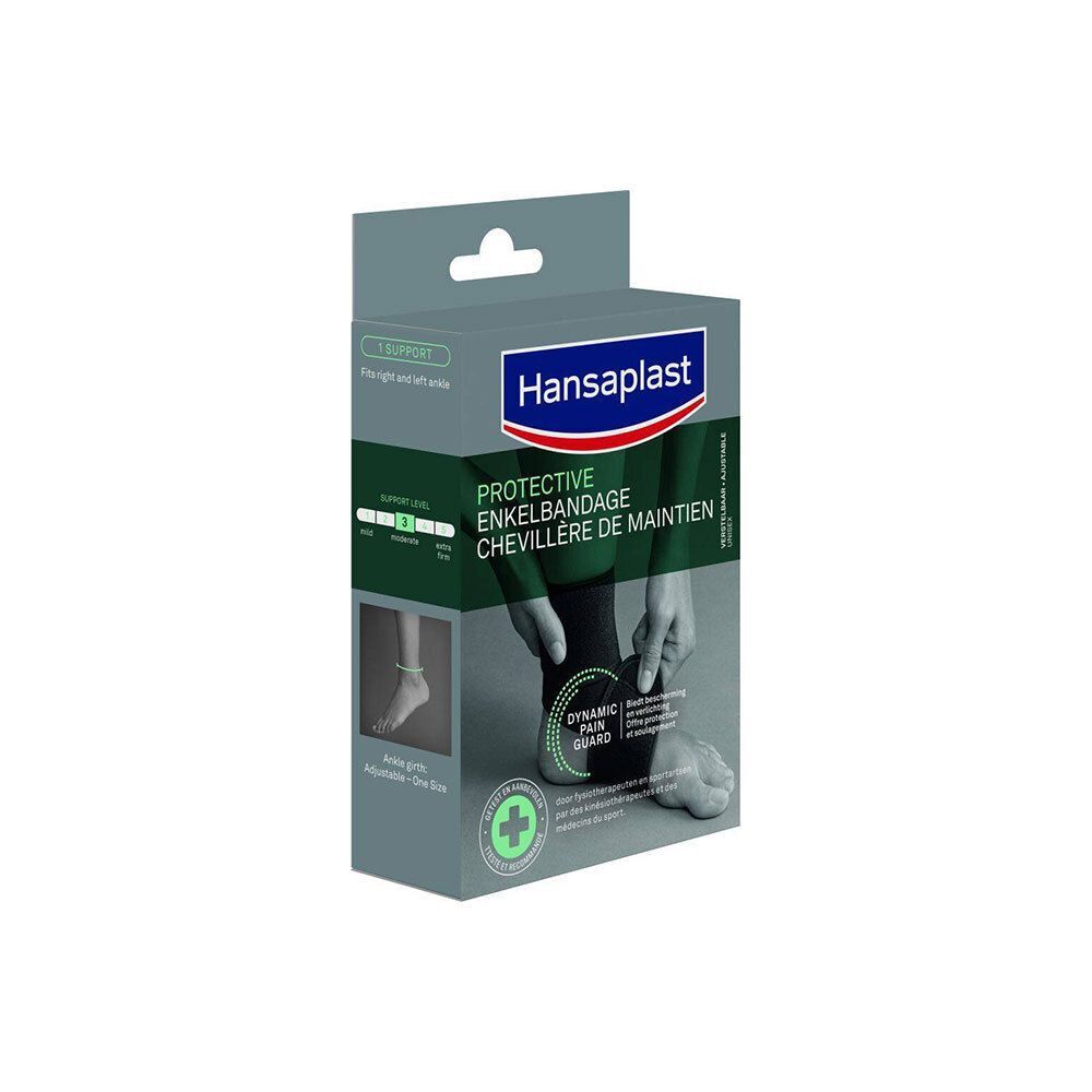 Boîte de chevillère. Inscription: Hansaplast, Protective Enkelbandage Chevillère de Maintien. Image du produit.