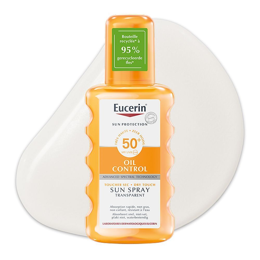 Eucerin Sun Oil Control SPF 50+ Dry Touch Spray Transparent. Flacon orange sur fond blanc avec texte du produit.
