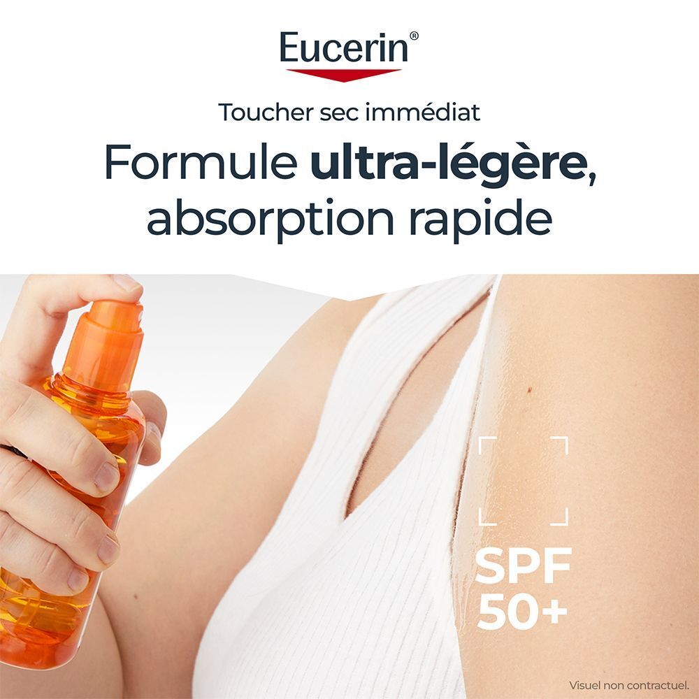 Produit Eucerin et bras d'une personne. Texte: Formule ultra-légère, absorption rapide. SPF 50+.
