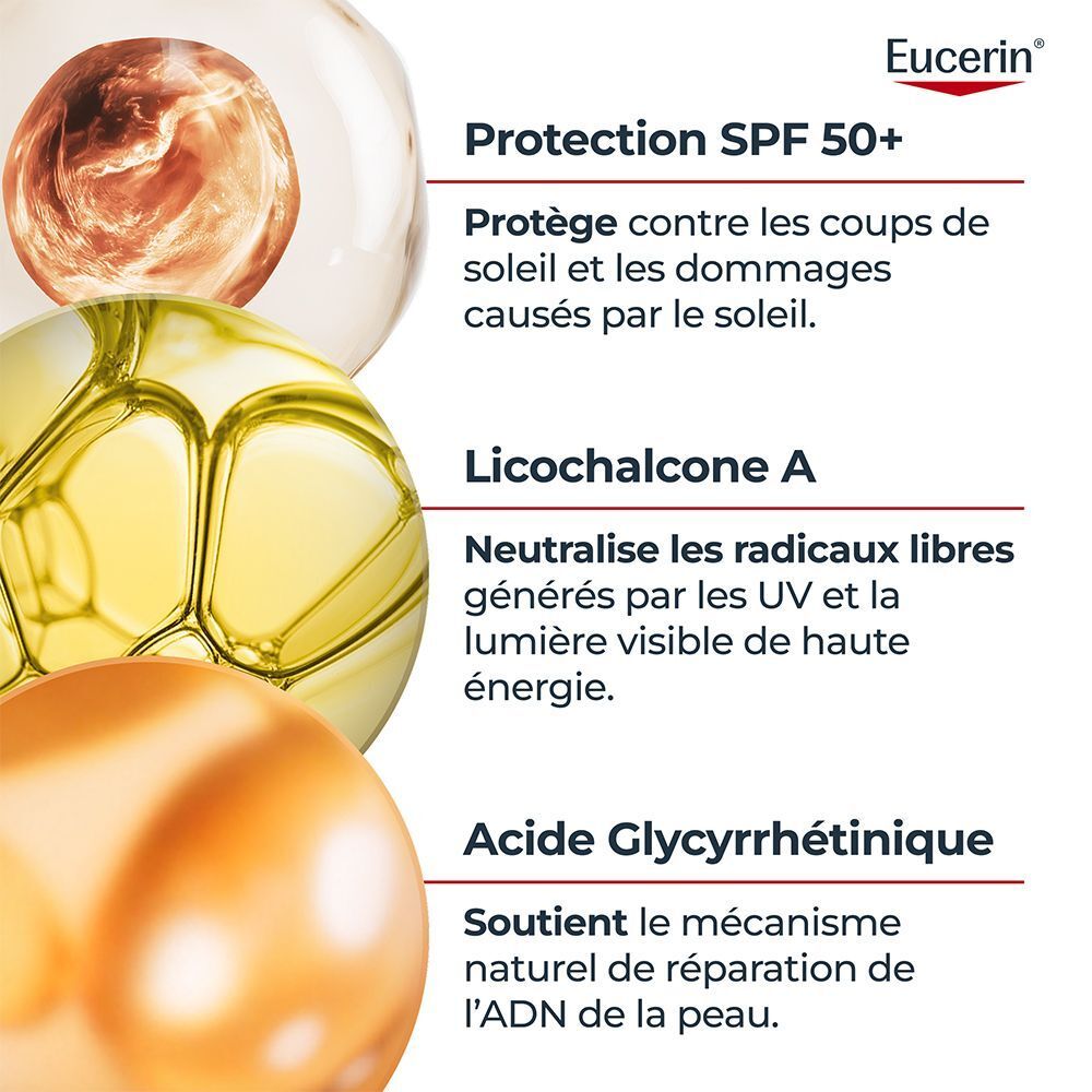 Gros plan sur les ingrédients et le texte. Texte: Protection SPF 50+. Licohalcone A. Acide Glycyrrhetinique.