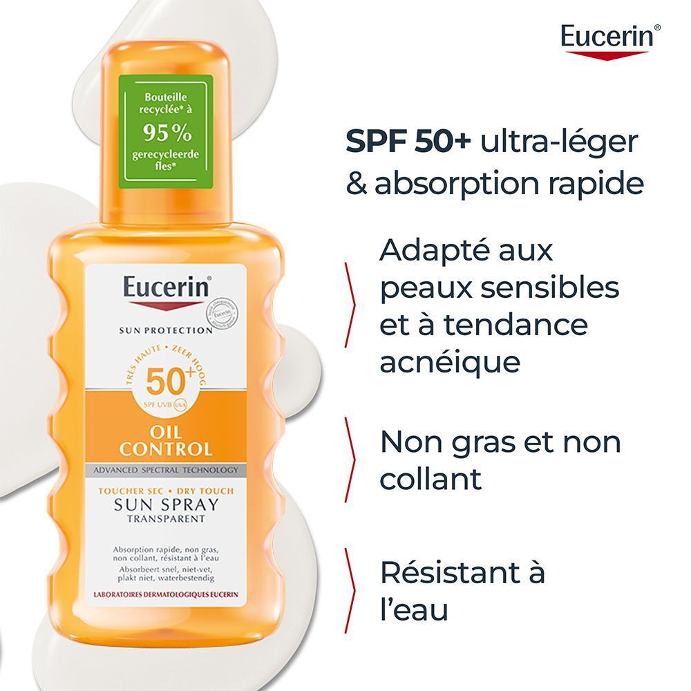 Eucerin Sun Oil Control SPF 50+ Dry Touch Spray Transparent. Texte: SPF 50+ ultra-léger & absorption rapide. Adapté aux peaux sensibles.