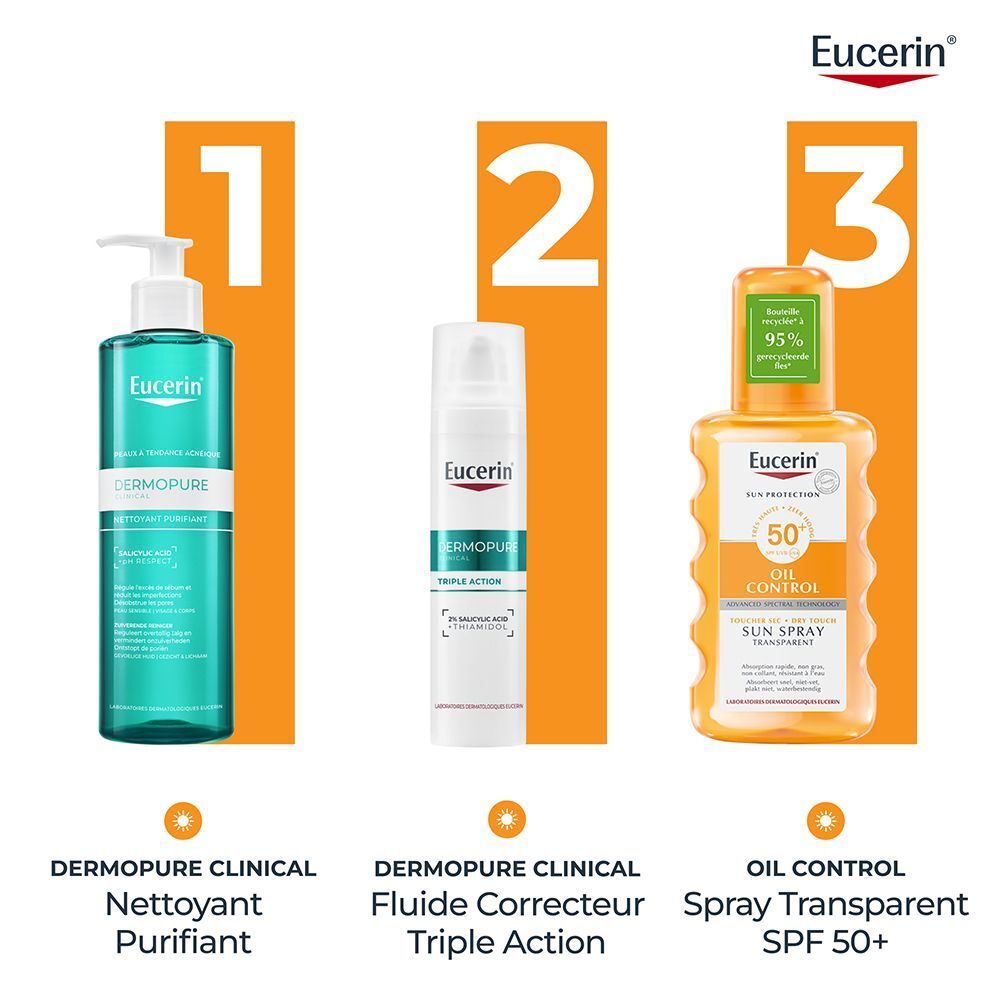 Trois produits Eucerin. Dermopure Clinical Nettoyant Purifiant. Dermopure Clinical Fluide Correcteur Triple Action. Oil Control Spray Transparent SPF 50+.