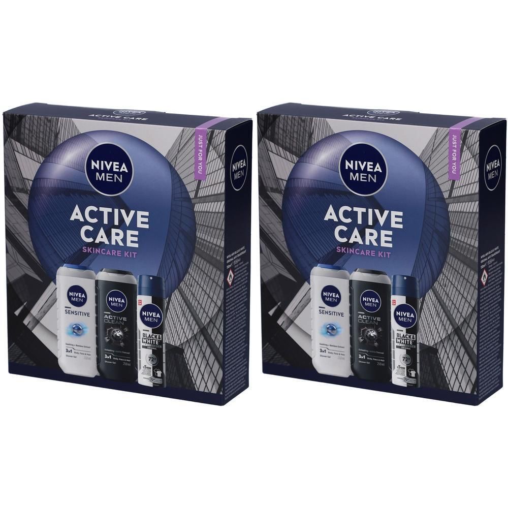Deux coffrets cadeaux pour hommes. L'emballage porte la mention NIVEA MEN ACTIVE CARE. Contient plusieurs produits de soin.