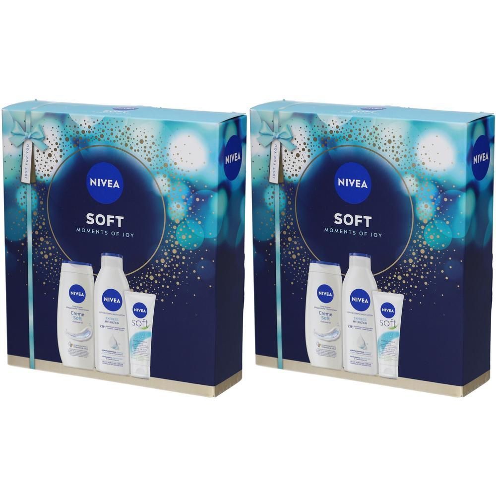 Twee geschenkdozen. Opschrift: NIVEA SOFT MOMENTS OF JOY. Bevat douchegel, lotion en crème. Blauwe verpakking met witte accenten.