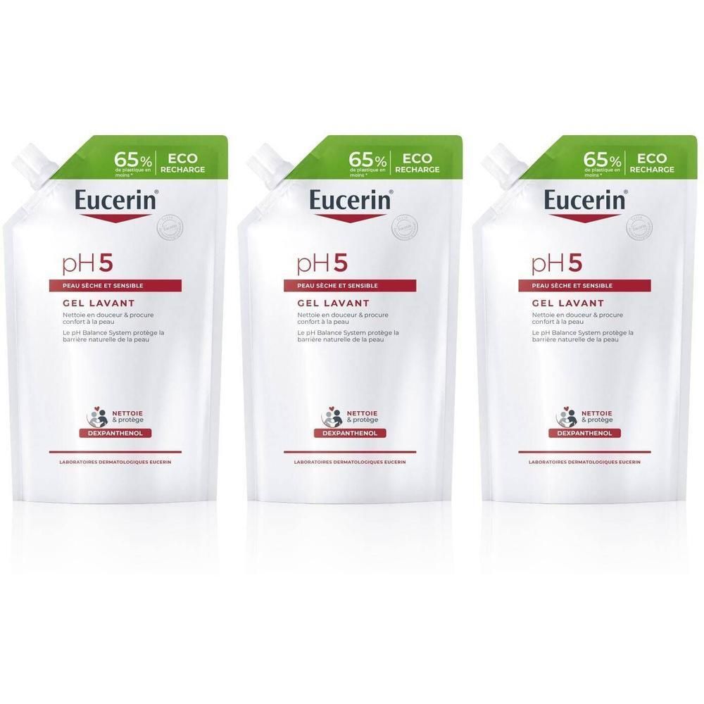 Trois recharges Eucerin pH5 Gel Lavant. Blanc avec texte rouge. Coin vert avec 65% ECO RECHARGE.