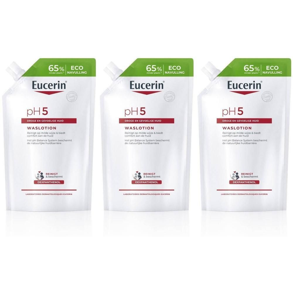 Drie navulverpakkingen Eucerin pH5 Waschlotion. Wit met rode tekst. Groene hoek met 65% ECO NAVULLING.