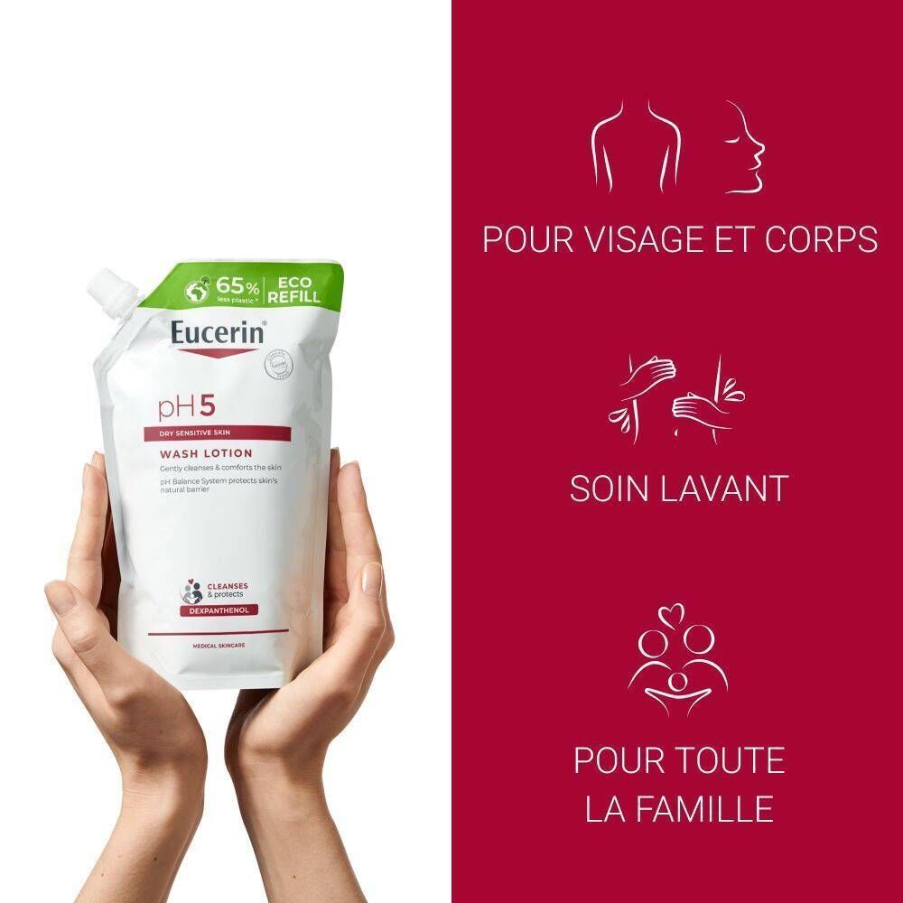 Mains tenant une recharge Eucerin pH5 Gel Lavant. Texte : Pour visage et corps, soin lavant, pour toute la famille.