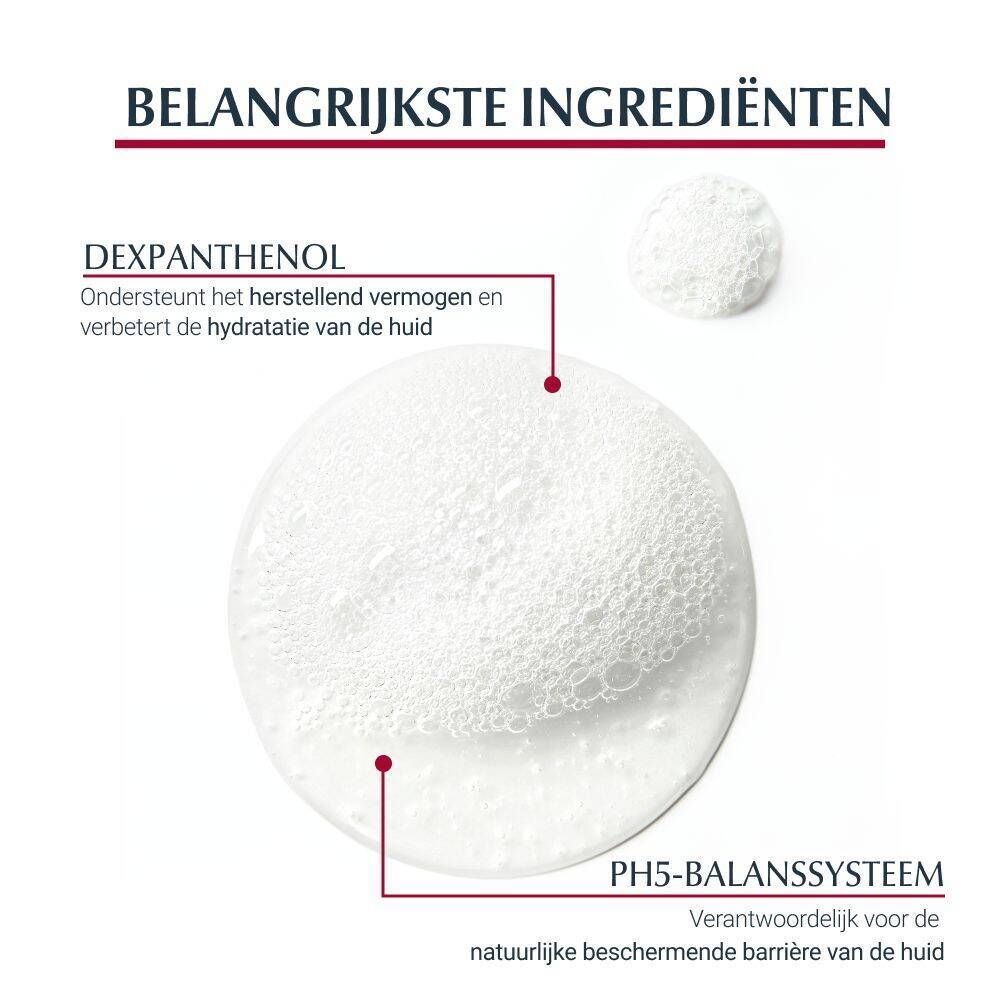 Close-up van schuim. Tekst: Belangrijkste ingrediënten, Dexpanthenol, pH5-balanssysteem.