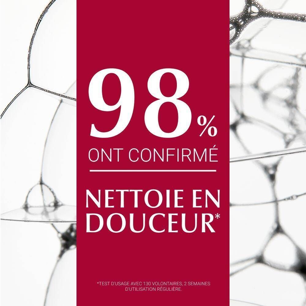 Fond rouge avec mousse. Texte : 98% confirment un nettoyage doux.