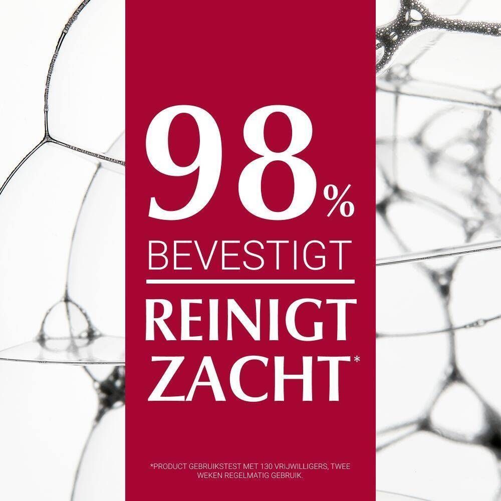 Rode achtergrond met schuim. Tekst: 98% bevestigt reinigt zacht.