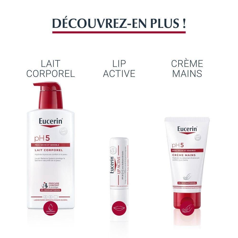 Trois produits Eucerin : Lait corporel, Lip Active, Crème mains.