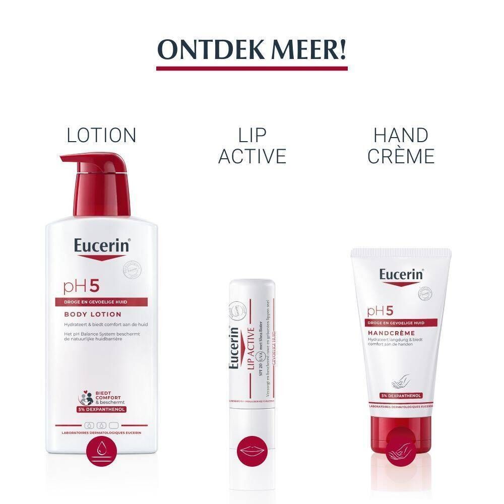 Drie Eucerin producten: Lotion, Lip Active, Handcrème.