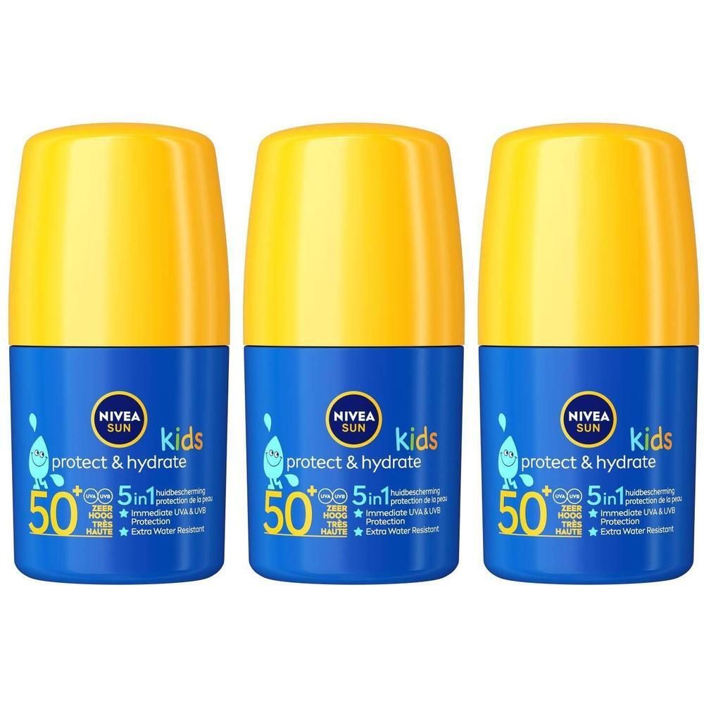 Trois flacons roll-on bleus avec des bouchons jaunes. Chaque flacon porte l'inscription Nivea Sun Kids Protect & Hydrate SPF50+.