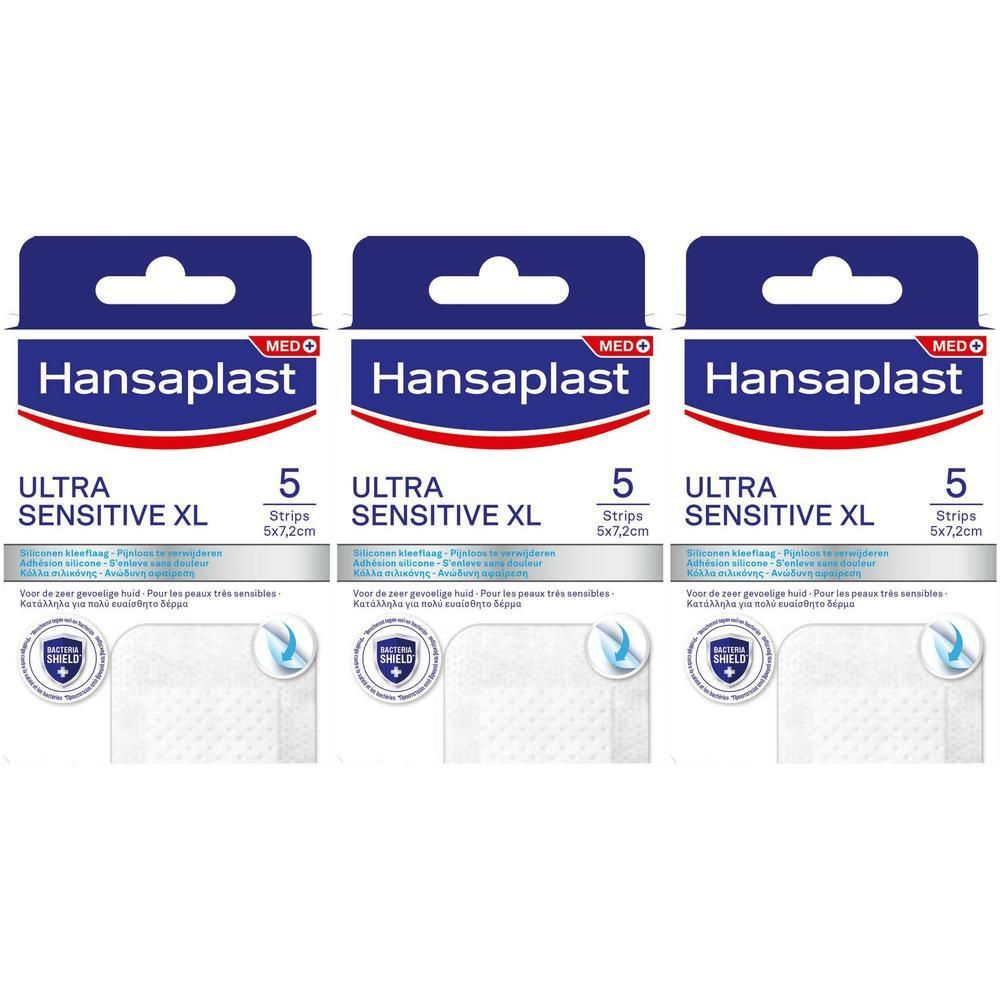 Trois boîtes de pansements Hansaplast Ultra Sensitive XL. Chaque boîte contient 5 pansements, 5x7,2cm.