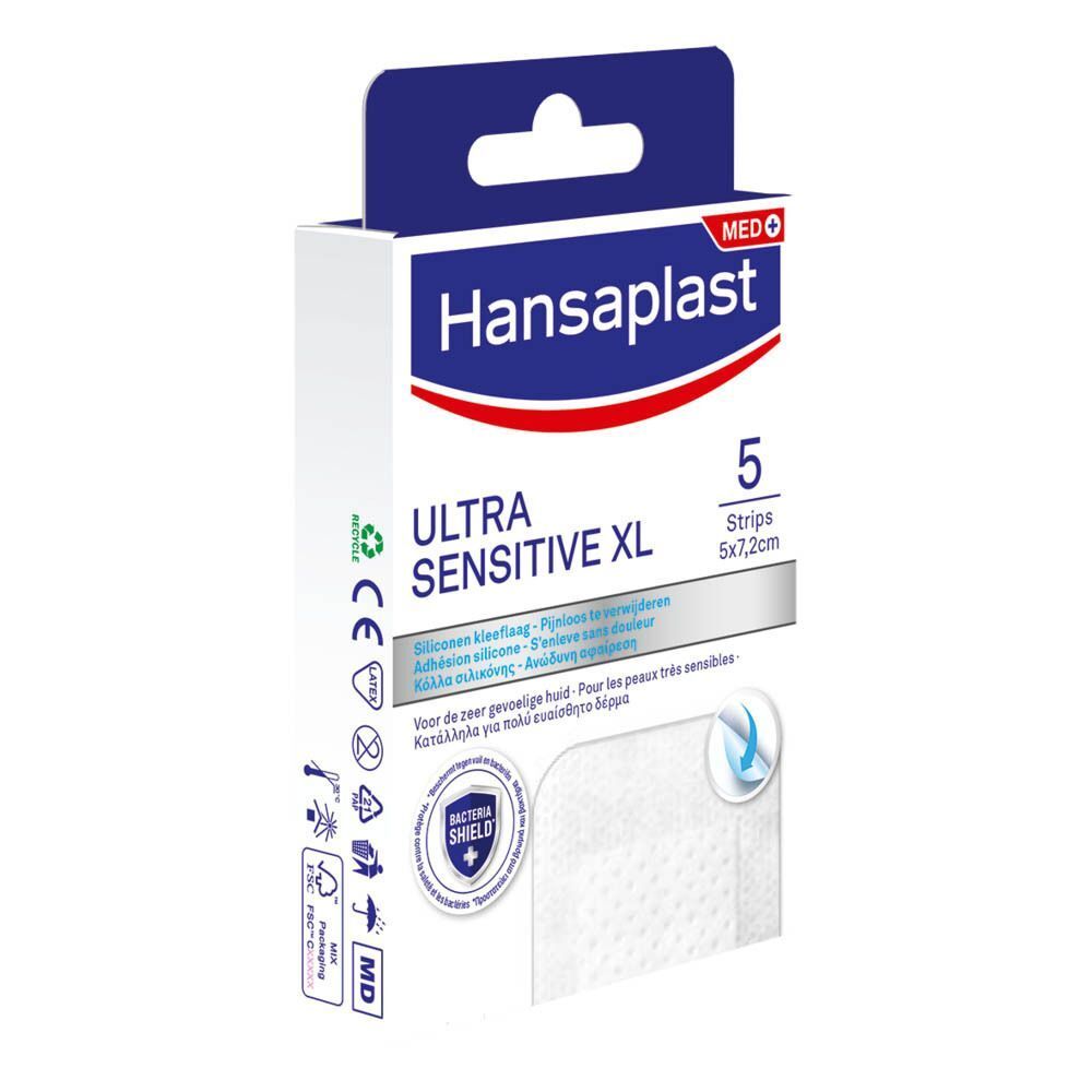 Verpakking Hansaplast Ultra Sensitive XL pleisters. Bevat 5 pleisters, 5x7,2cm. Met logo's en pictogrammen.