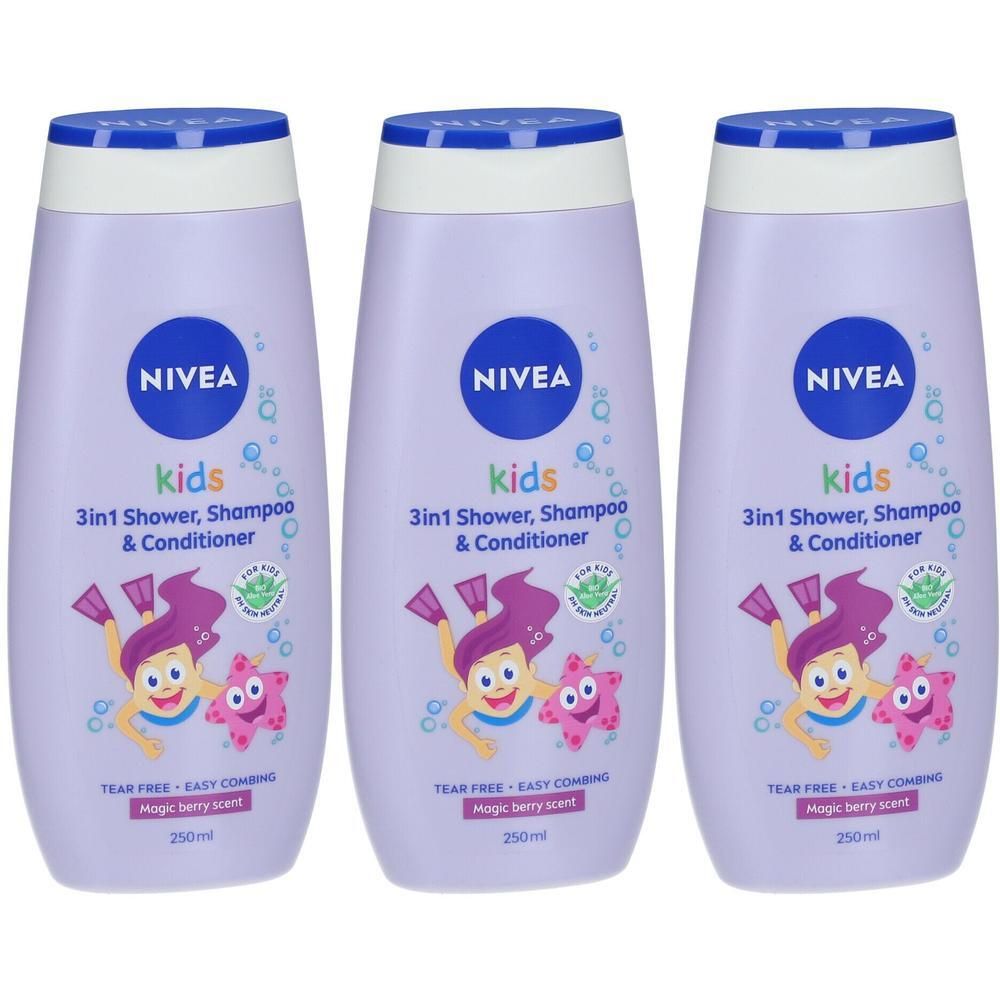 Trois flacons de Nivea Kids 3 en 1 Gel Douche & Shampooing. Flacons violets avec bouchon bleu. Inscription : Kids, 3in1 Shower, Shampoo & Conditioner.