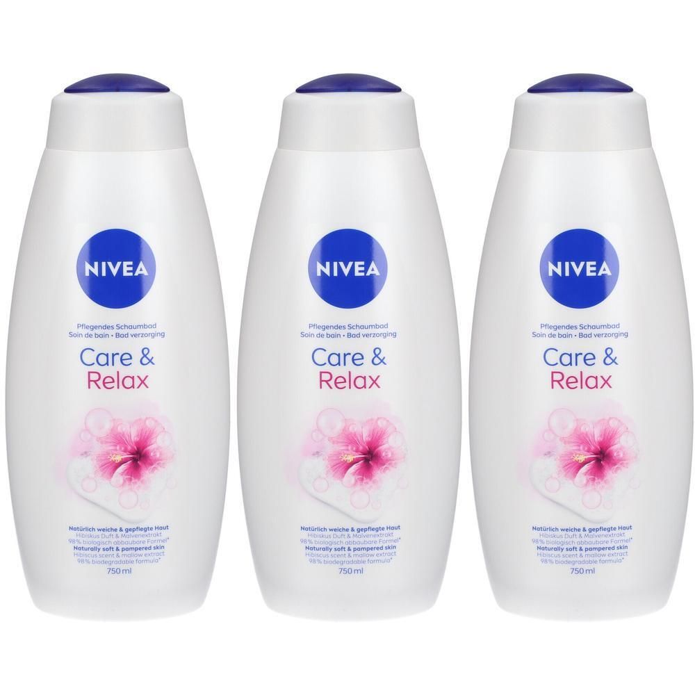 Trois flacons blancs avec bouchon bleu et étiquette. L'étiquette indique NIVEA Care & Relax, avec une fleur rose.