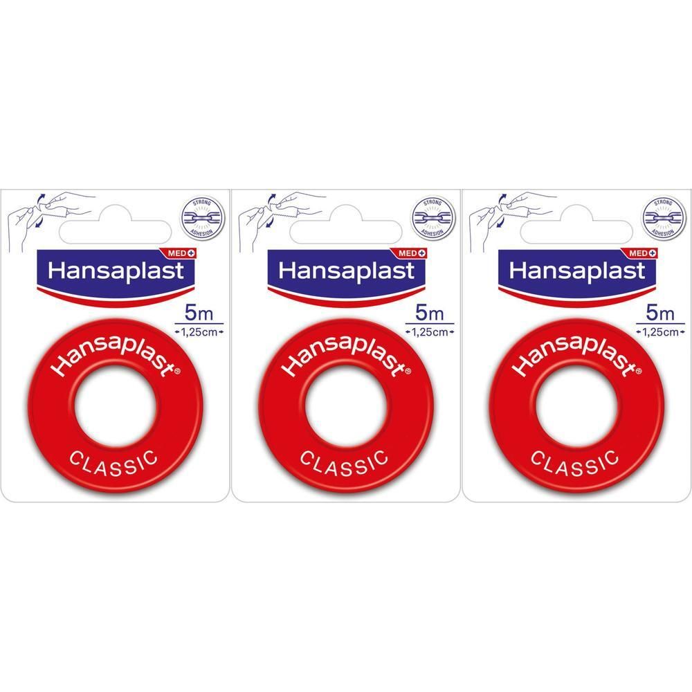 Drie rollen Hansaplast Classic pleister, rood, 1,25cm x 5m. Verpakking met productafbeelding en merklogo.