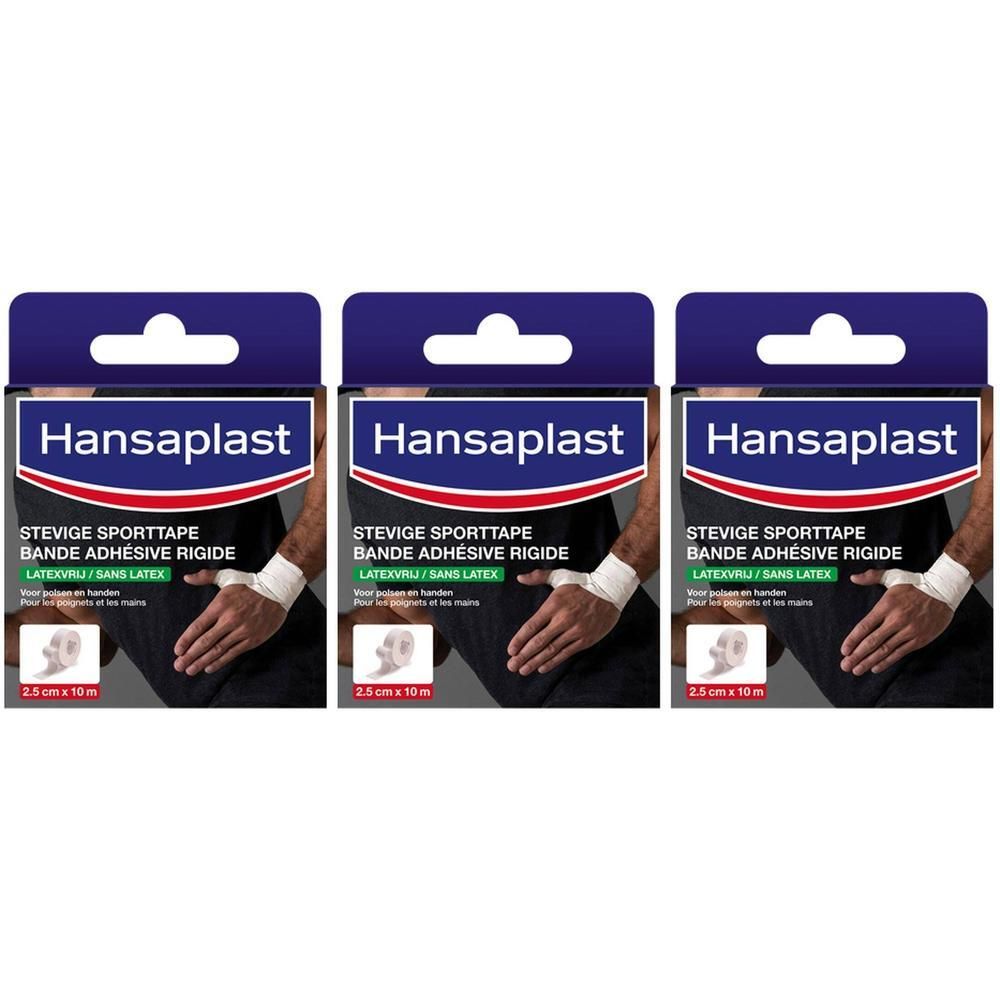 Trois boîtes de Hansaplast Sporttape. Emballage bleu et blanc. Texte: Bande Adhésive Rigide Sans Latex, 2,5 cm x 10 m.