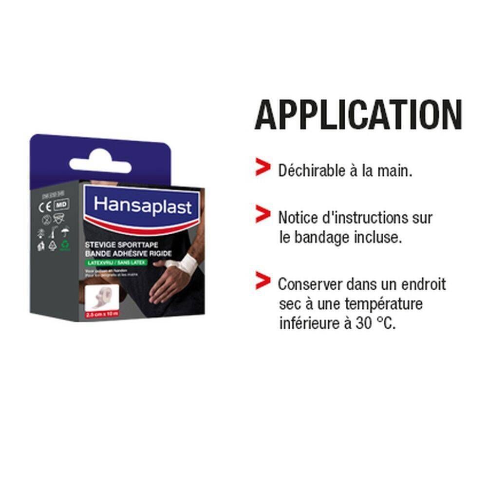 Emballage Hansaplast Sporttape. Emballage bleu et blanc. Texte: Bande Adhésive Rigide Sans Latex, 2,5 cm x 10 m. Instructions.